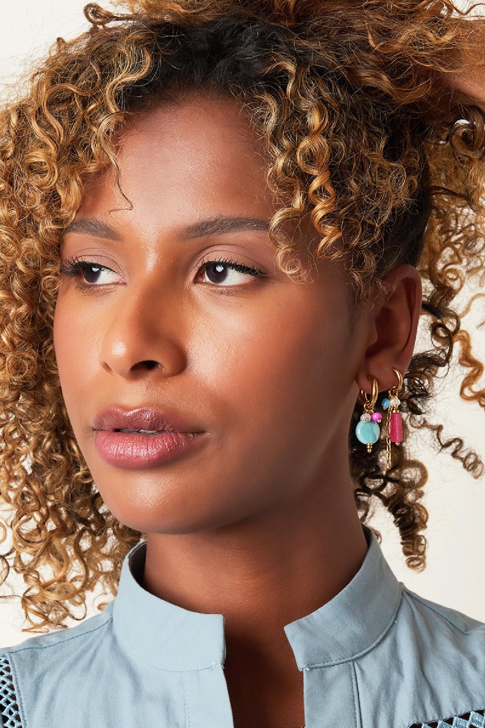 Dangling circle earrings Blue & Gold Color Stainless Steel h5Picture2